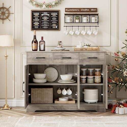HOSTACK Modern Farmhouse Sideboard Buffet Cabinet, Barn Doors Buffet Storage Cabinet with Drawers and Shelves