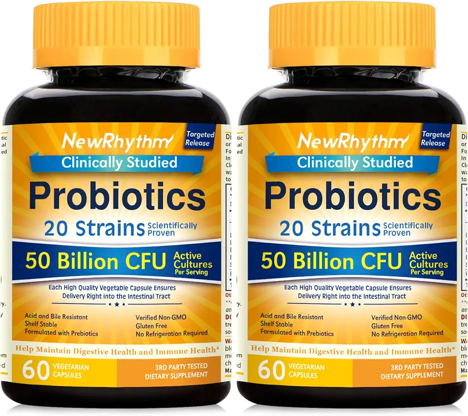 NewRhythm Probiotics 50 Billion CFU 20 Strains, 120 Veggie Capsules, Targeted Release Technology, Stomach Acid Resistant, No Need for Refrigeration