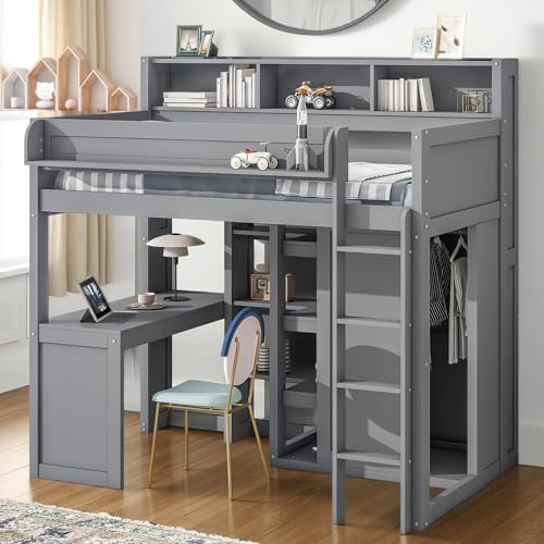 Full Size Loft Bed with L-Shaped Desk, Wardrobe and Storage Shelves, Solid Wood Bedframe w/Safety Guardrails & Ladder for Kids Teens Adults