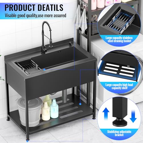Stainless Steel Utility Sink, 36.6" × 24.2" × 36.6"Freestanding Sink with Cold and Hot Water Faucet,Hoses and Drain Kit for Kitchens, Bathrooms
