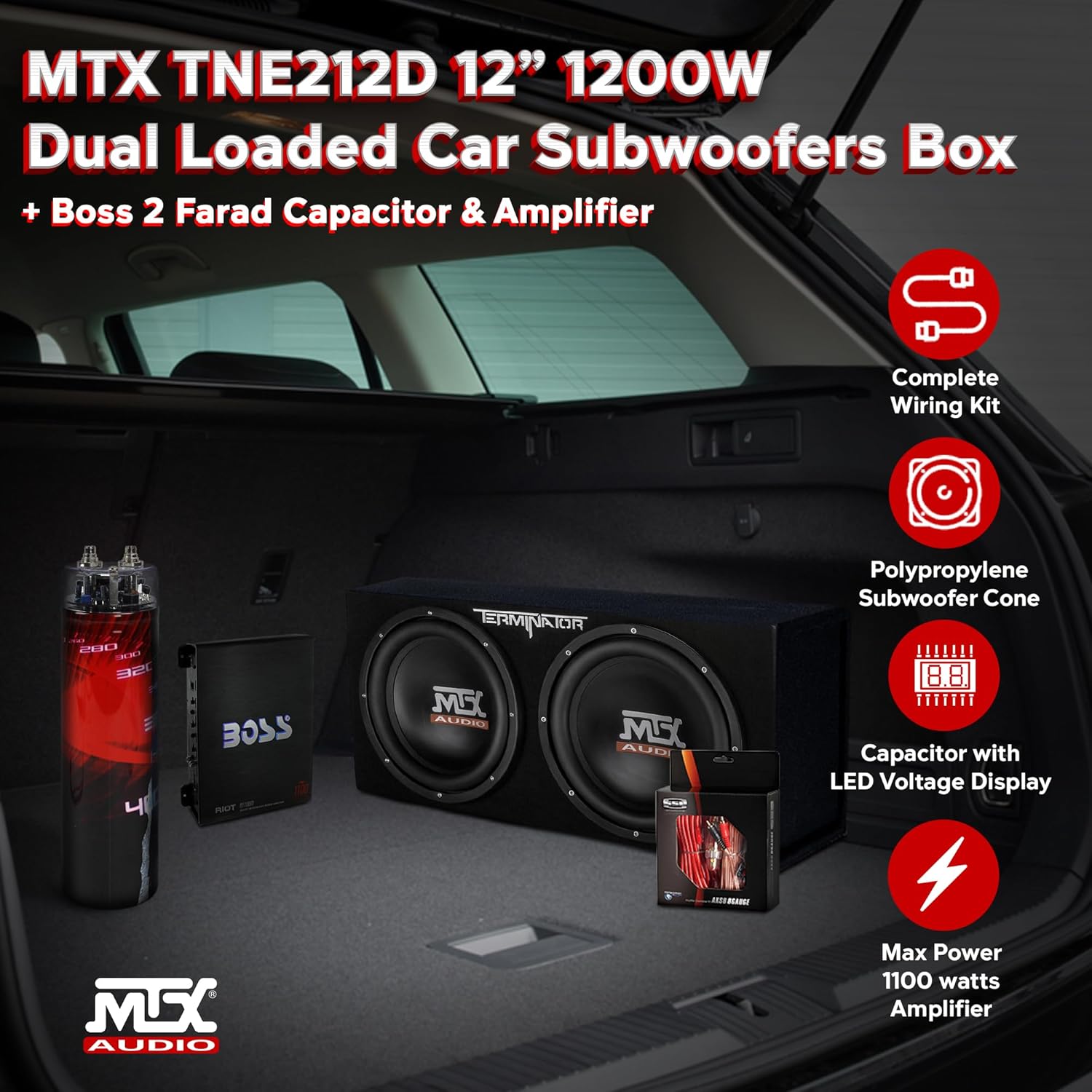 MTX 12 Inch 1200 Watt 4 Ohm Dual Loaded Car Audio Subwoofer Package with Sub Enclosure, Boss 1100W Mono A/B Amplifier, Wiring Kit and Capacitor