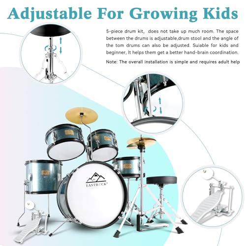 EASTROCK Kids Drum Set, 5-Piece 16 Inches Junior Drum Sets for Kids, Drummer, Beginner Youth Drumset for 7-12 Years Old with Throne,Cymbal,Pedal