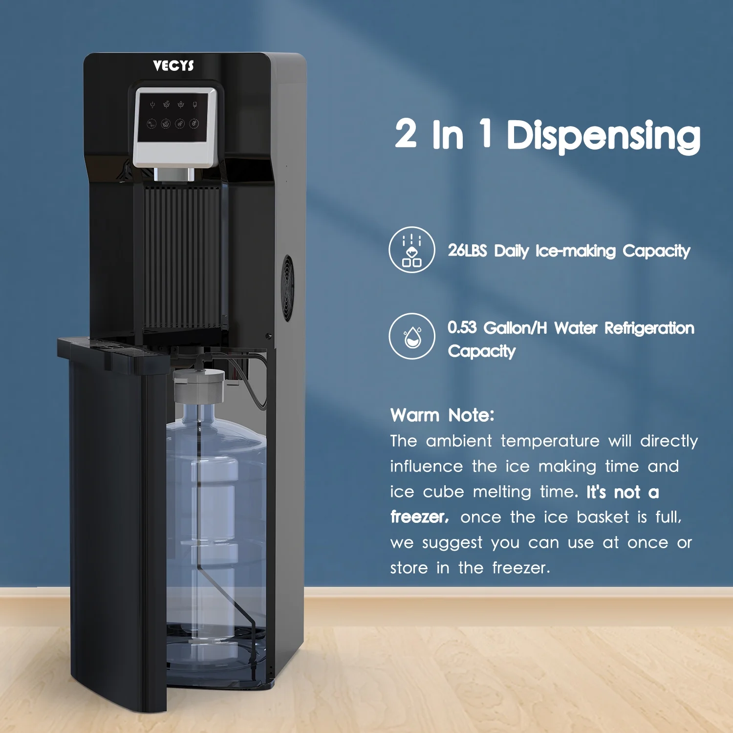 VECYS Water Dispenser with Ice Maker, 26LBS Daily Ice Making and Cold Water Supply, Bottom Loading Cooler Compatible with 3 or 5 Gallon Bottles