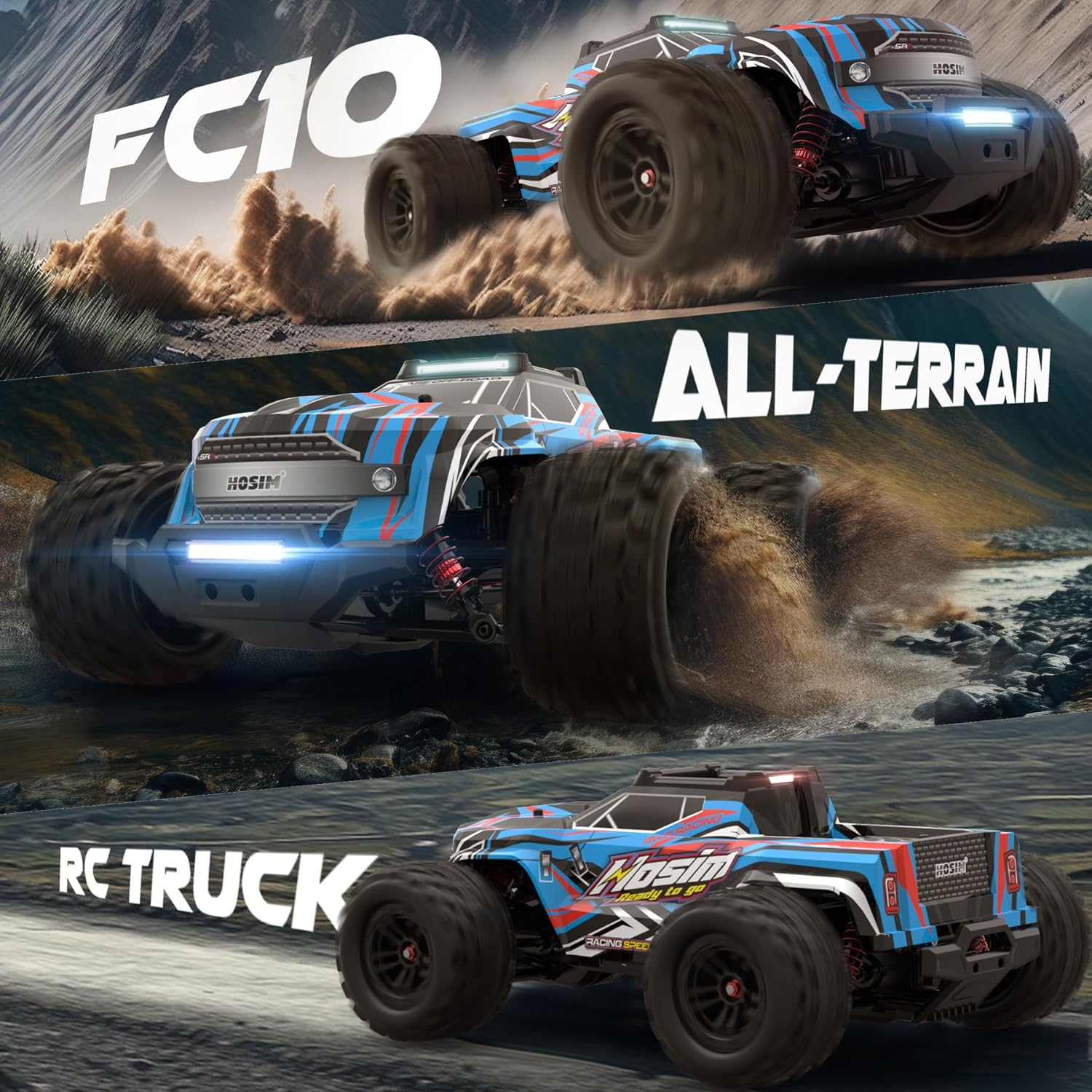 Hosim 1:14 RC Cars with Colorful LED Lights & 1:10 Scale 48+ KMH Remote Control Car for Adults Boys