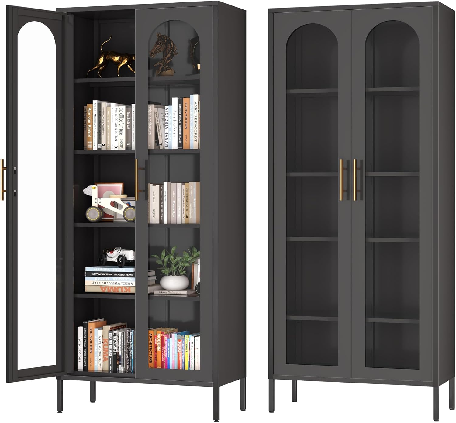 71" Tall Glass Display Cabinet,Curio Display Cabinet with 4 Adjustable Shelves,Metal Storage Cabinet with Glass Doors,Black Bookcase with Doors