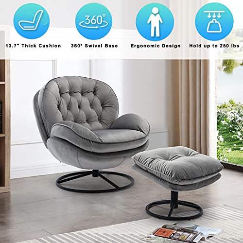 Baysitone Velvet Swivel Accent Chair with Ottoman Set, Modern Lounge Chair with Footrest, Comfy Armchair with 360 Degree Swiveling for Living Room