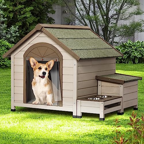 Outdoor Wooden Dog House,Waterproof Kennel with Deck and Sloped Roof,High Stability Pet Dog Cage for Small/Medium Puppy
