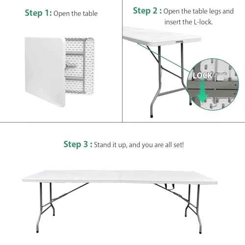 8 Foot Folding Table 96 inch Heavy Duty 8ft Plastic Portable Foldable Table with Handle Indoor Outdoor White 8' Dining Table for Picnic