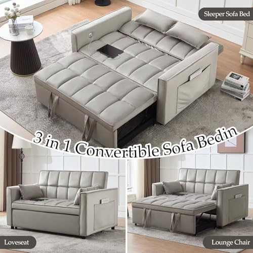 Modern 3 in 1 Convertible Sleeper Sofa Couch Bed with USB, Adjustable Backrest Velvet Pull Out Sofa Bed, Loveseat Sleeper Couch