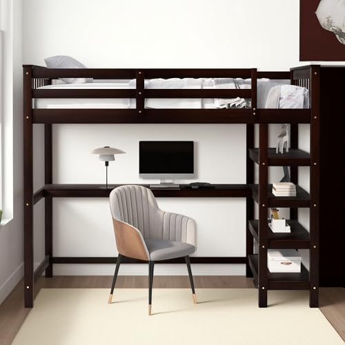 Full Size Loft Bed with L-Shaped Desk, Wardrobe and Storage Shelves, Solid Wood Bedframe w/Safety Guardrails & Ladder for Kids Teens Adults