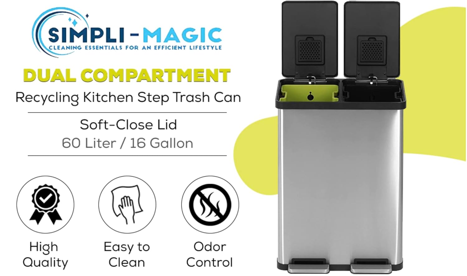 SIMPLI-MAGIC 60 Liter / 16 Gallon Rectangular Hands-Free Dual Compartment Recycling Kitchen Step Trash Can with Soft-Close Lid