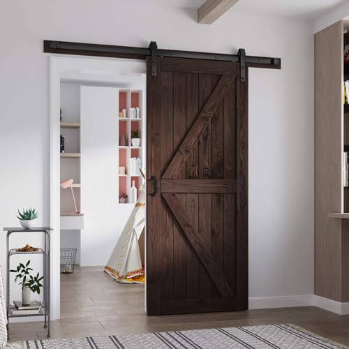 FREDBECK 36in x 84in Brown Barn Door with 6.6ft (79inch) Barn Door Hardware Track Kit and Handle Included, Double Surfaces