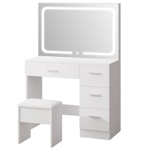 Vanity Desk with LED Mirror, Makeup Vanity with Drawer and Cushion Stool, Dressing Table for Bedrrom, White