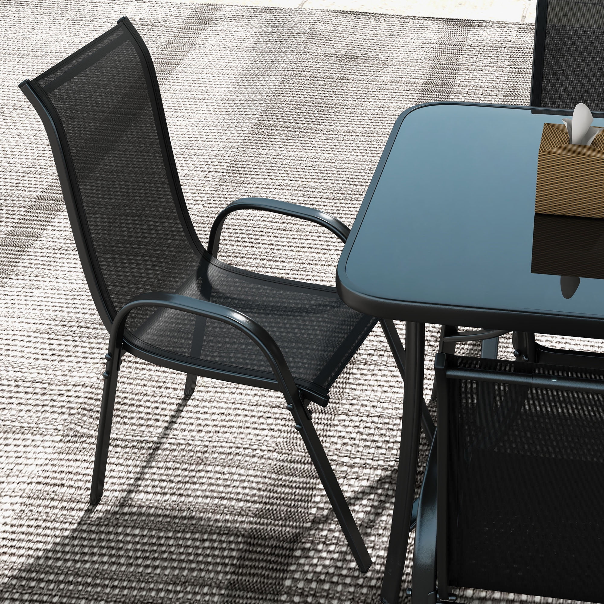 Outsunny Patio Dining Set for Six, Table & Chairs w/ Umbrella, Black