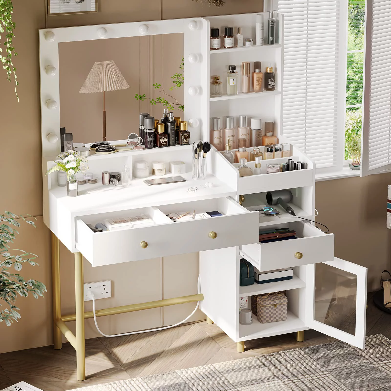 White Vanity Desk with Mirror and Lights and Drawers Modern Makeup Vanity Table with Charging Station&Cabinet for Bedroom