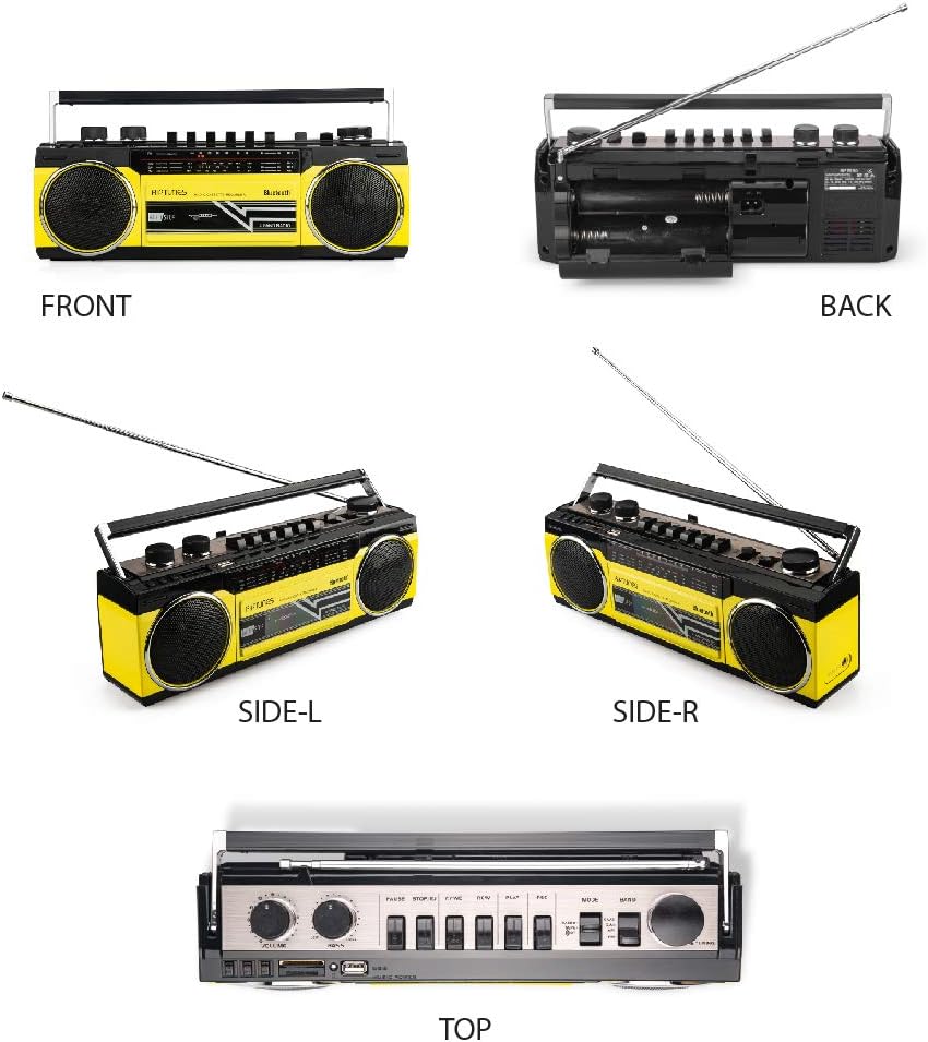Riptunes Cassette Boombox, Retro Blueooth Boombox, Cassette Player and Recorder, AM/FM/ SW-1-SW2 Radio-4-Band Radio, USB, and SD, Yellow