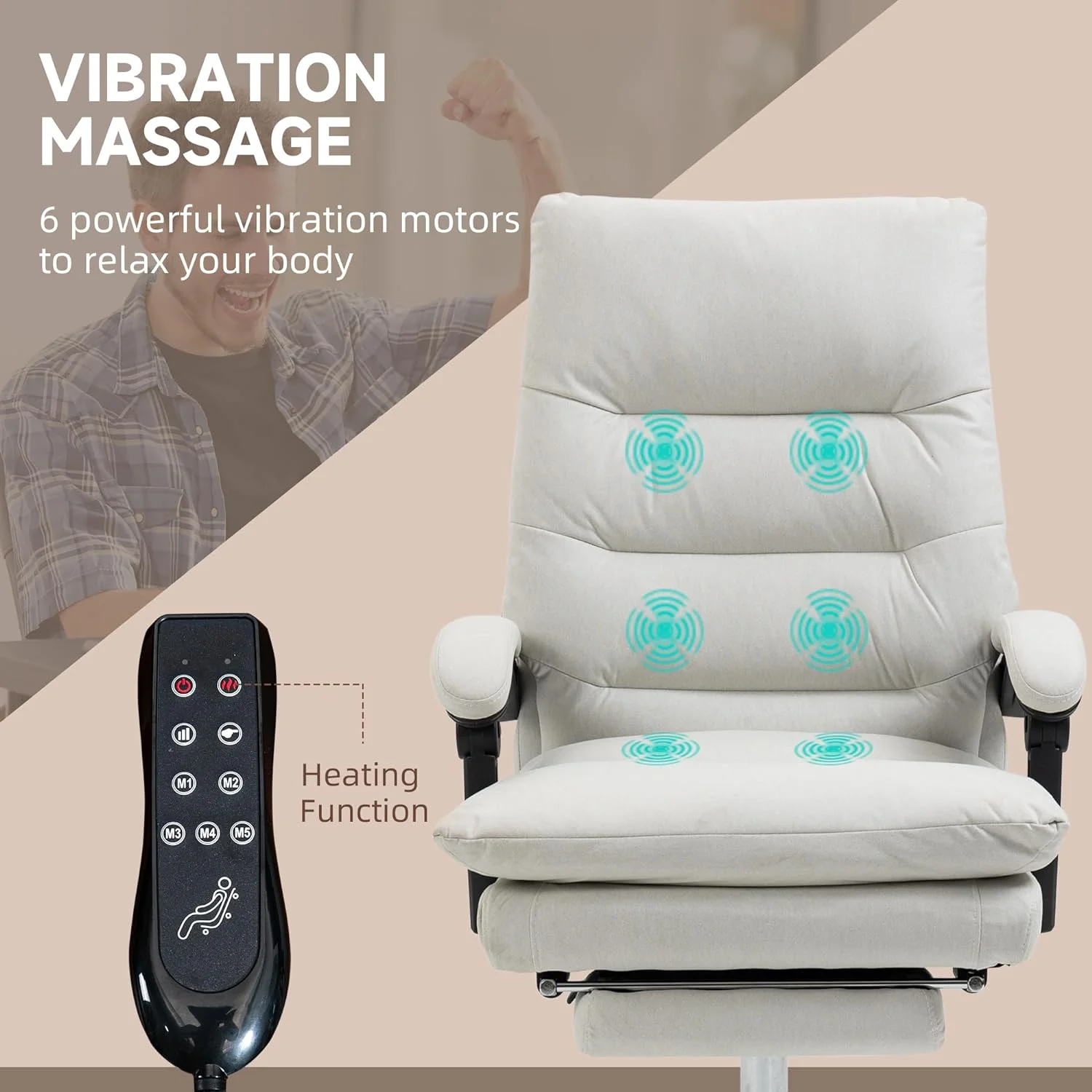 Microfibre Executive Massage Office Chair, Computer Desk Chair, Heated Reclining Chair With Footrest, Double-Tier Padding, Swivel Wheels, Cream White