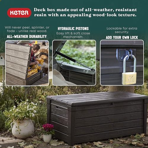 Keter Outdoor Storage Deck Box, for Patio, Backyard & Garden, Brightwood, 120 Gal, Brown - Lockable, Organizing