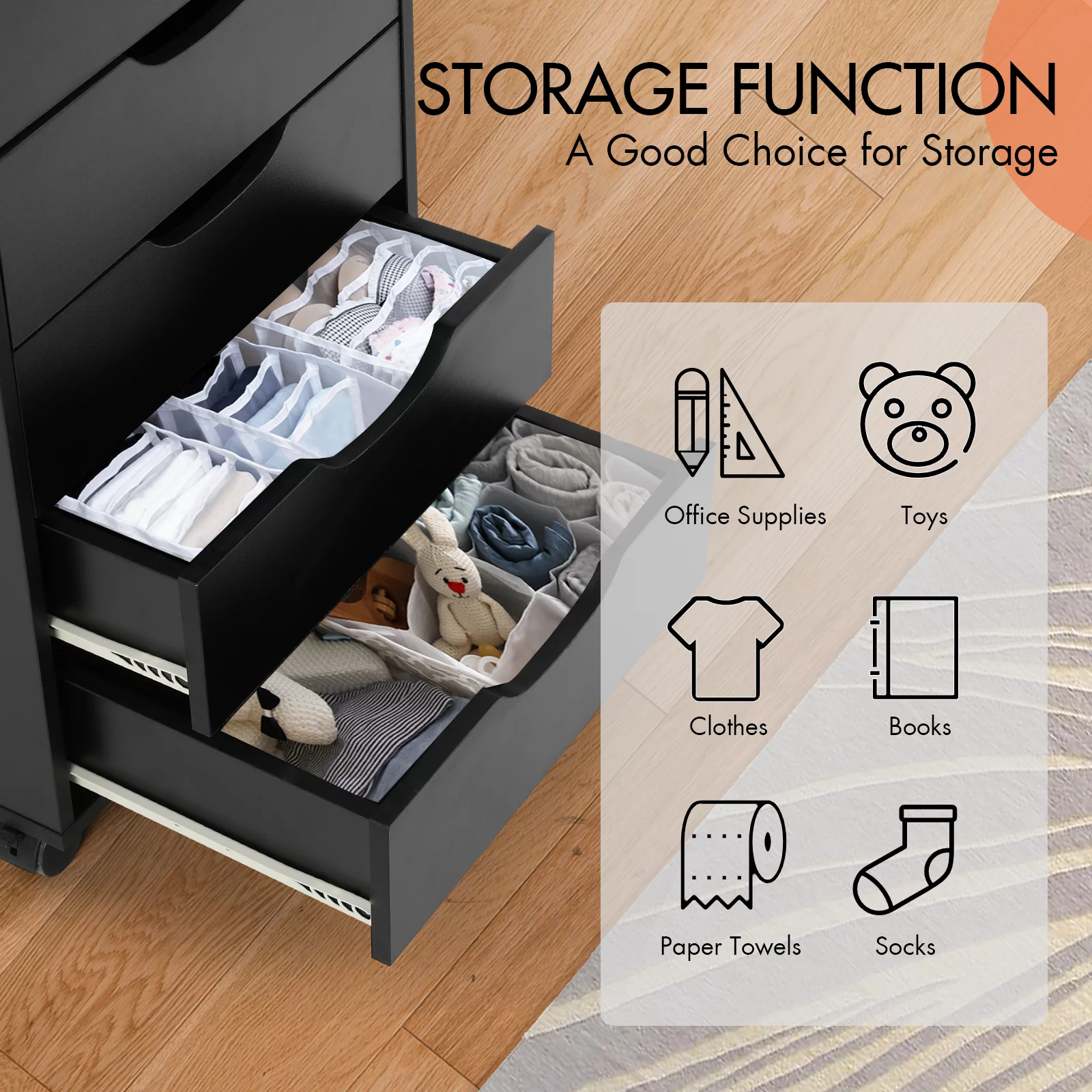 Richya 7-Drawer Chest, Storage Dresser Cabinet with Wheels, Tall Chest of Drawers for Closet and Bedroom (Black, 7 Drawer)