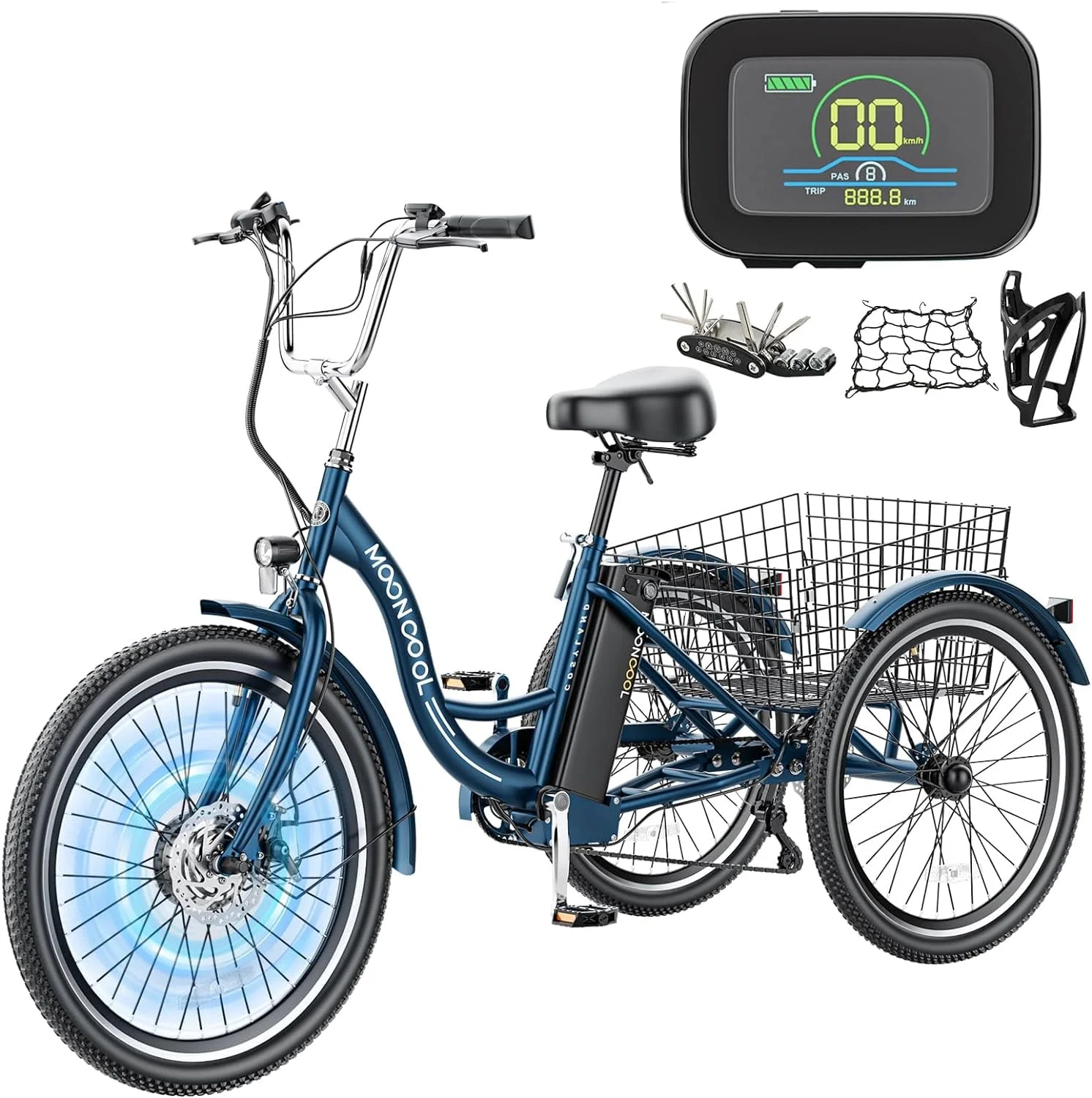 MOONCOOL 350W Motorized Electric Trike, 7 Speed 3 Wheel Electric Bicycle with 36V 14.5Ah Lithium Battery UL Certified