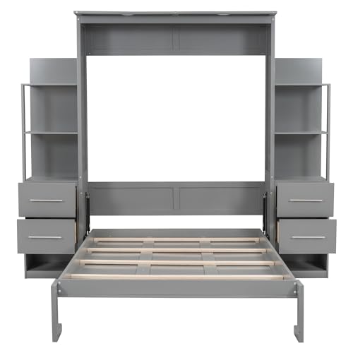 Harper & Bright Designs Full Size Murphy Bed Wall Bed with Storage Shelves, Drawers and LED Lights