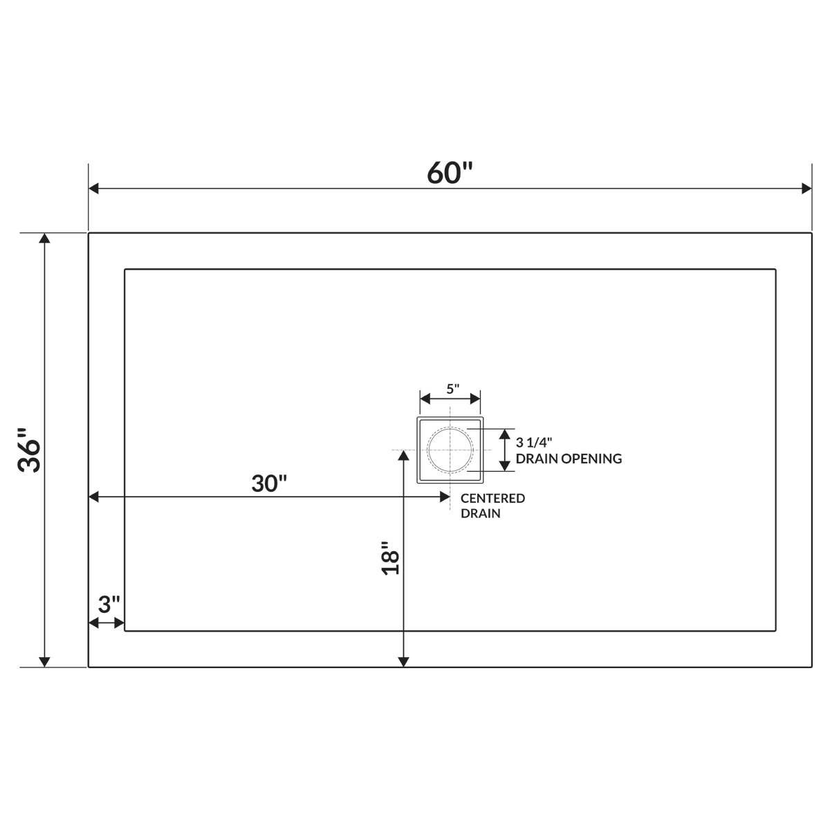 LessCare 60 x 36 Right Double Threshold Shower Pan Base Wall Corner Center Drain