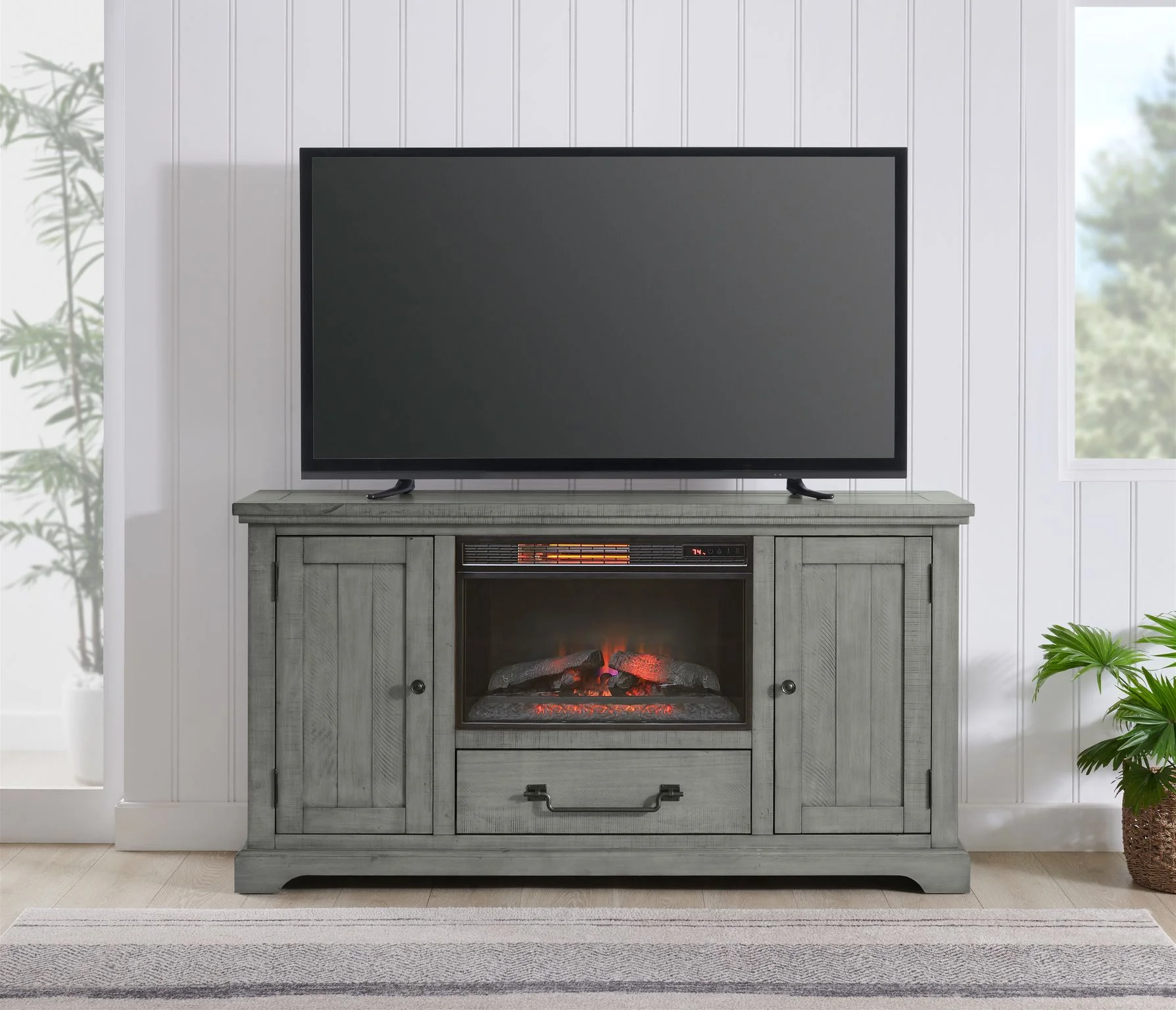 Martin Svensson Home Beach House Solid Wood TV Stand with Fireplace for TVs up to 70", Dove Grey