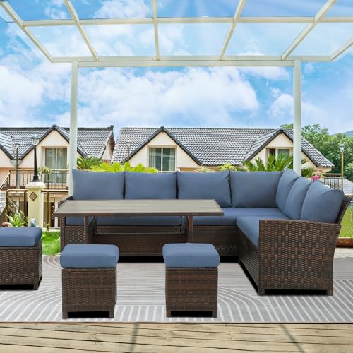 Wisteria Lane Outdoor Patio Furniture Set, 7 Piece Outdoor Dining Sectional Sofa with Dining Table and Chair