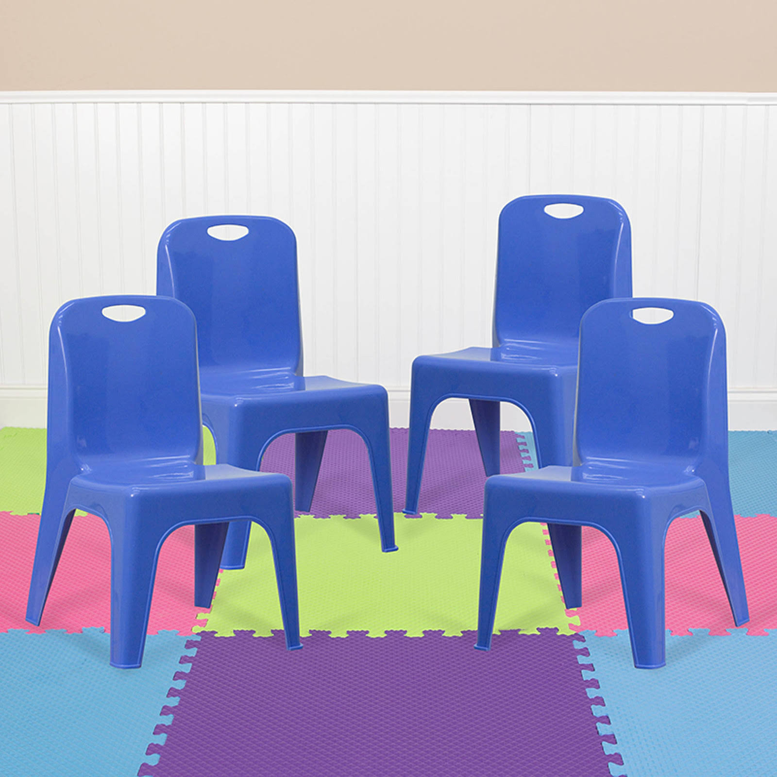 Flash Furniture 4 Pack Blue Plastic Stackable School Chair with Carrying Handle and 11