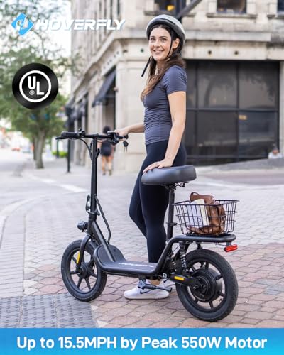 Hoverfly 14" Electric Scooter with Seat Adult, 550W/750W Peak Motor, 18.6/25 Miles Range, 15.5/22Mph Max Speed, Height-Adjustable Comfort Seat
