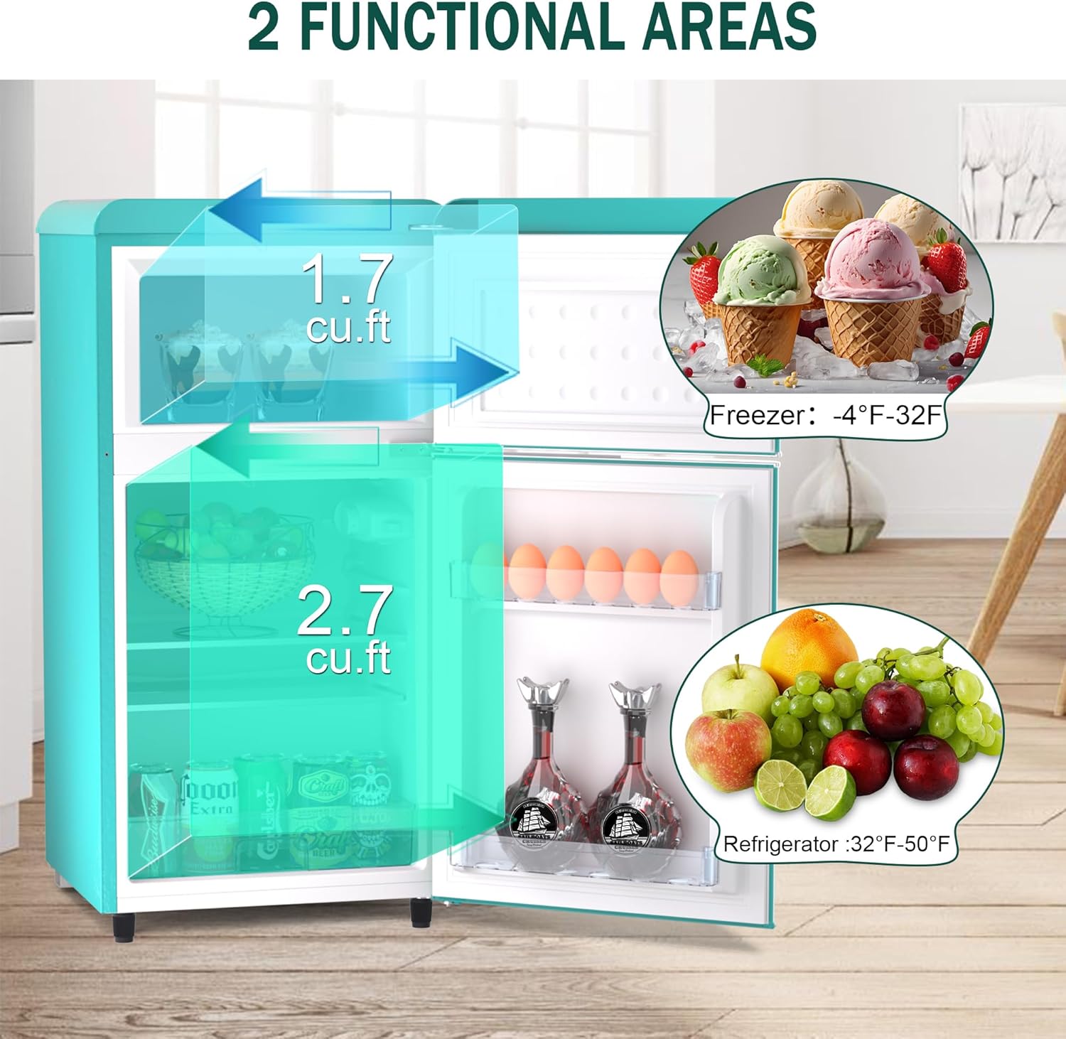 Compact Retro Fridge with Freezer for Bedroom, 4.4 Cu. Ft. Retro Mini Fridge with Separate Freezer