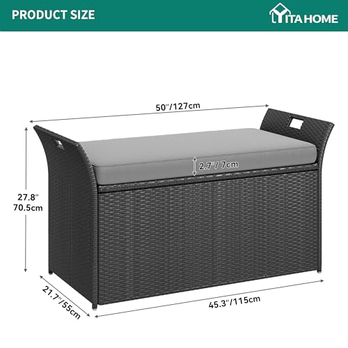 YITAHOME 90 Gallon Outdoor Wicker Storage Bench w/Cushion, Large PE Rattan Deck Storage Box w/Handles & Hydraulics for Patio Furniture, Cushions