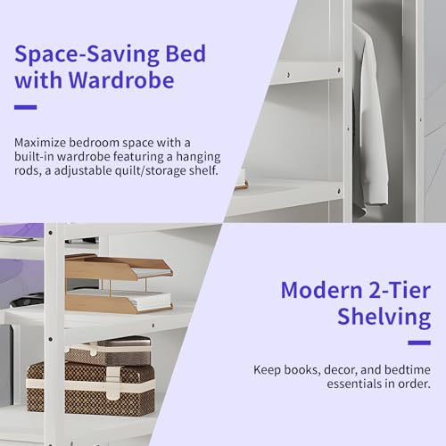 Full Size Metal Loft Bed Heavy-Duty Loft Bed Frame, LED Loft Bed Frame with L Shaped Desk, Wardrobe, Storage Stairs