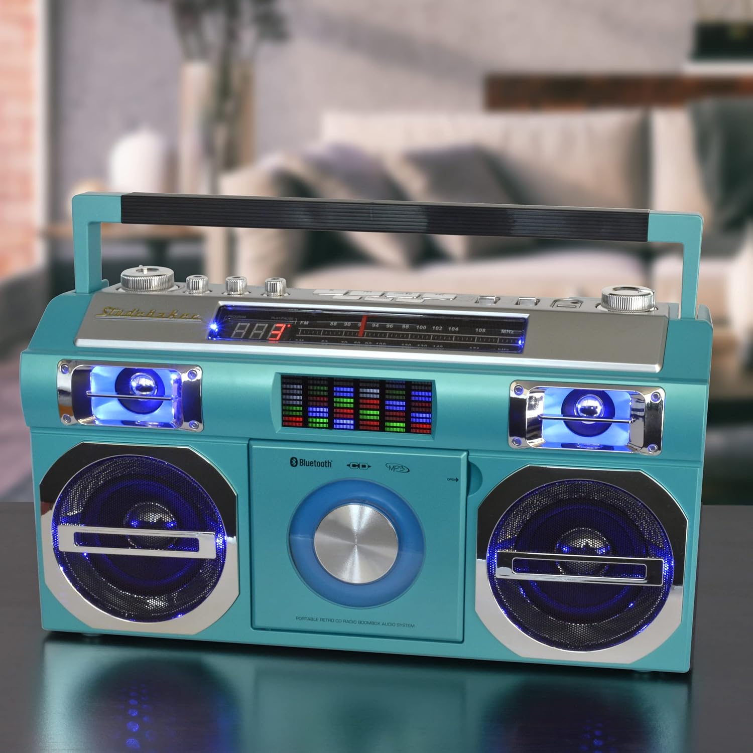 Studebaker Vintage Aqua Turquoise 80's Retro Street Bluetooth Wireless Streaming Boombox Rechargeable Battery, CD/MP3 Player, AM/FM, USB