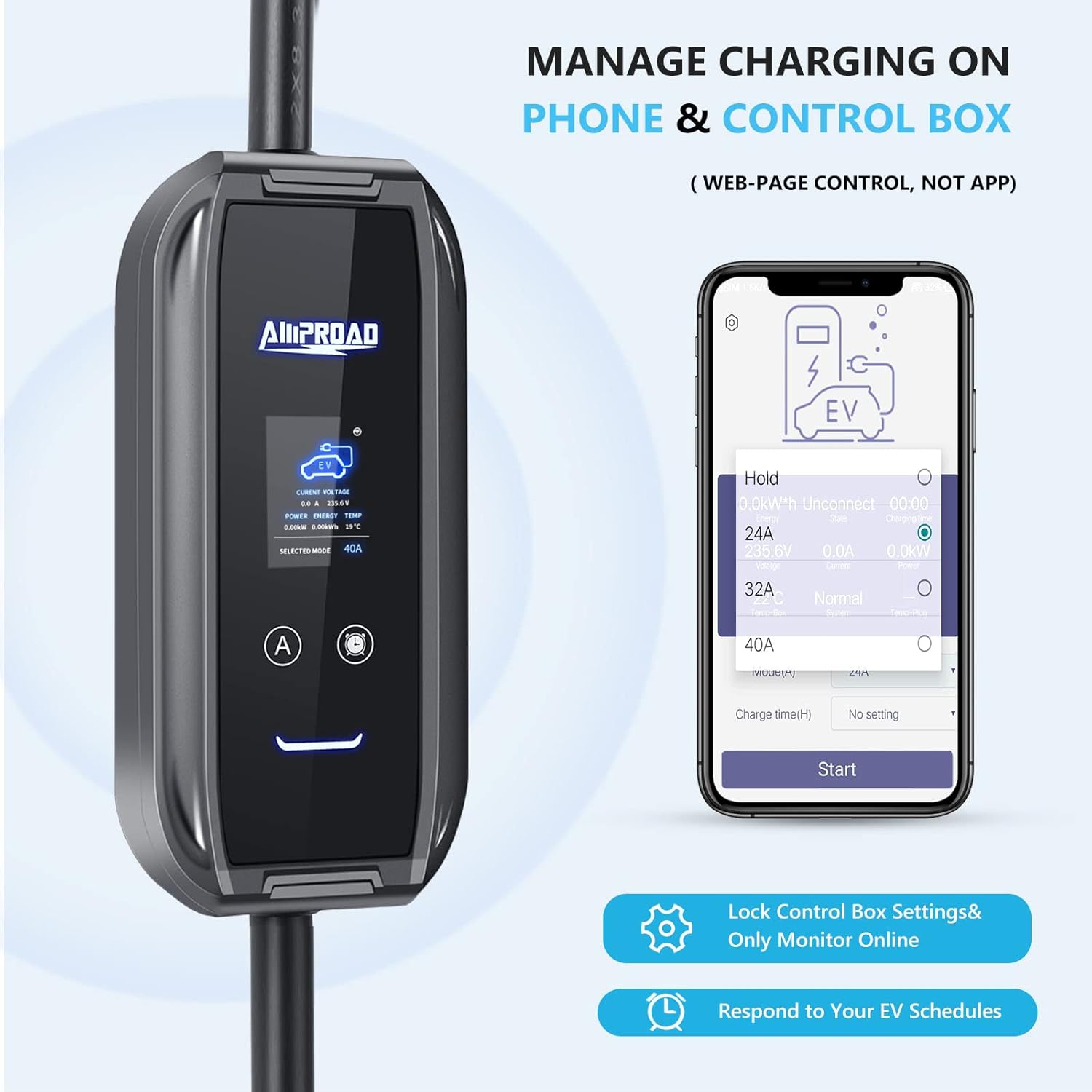 AMPROAD iFlow P9 EV Charger Level 2, 40/32/24 Amp Adjustable, 240V EVSE with WiFi, Versatile for Portable & Wall Charger (NEMA 14-50, 25 Foot Cable)