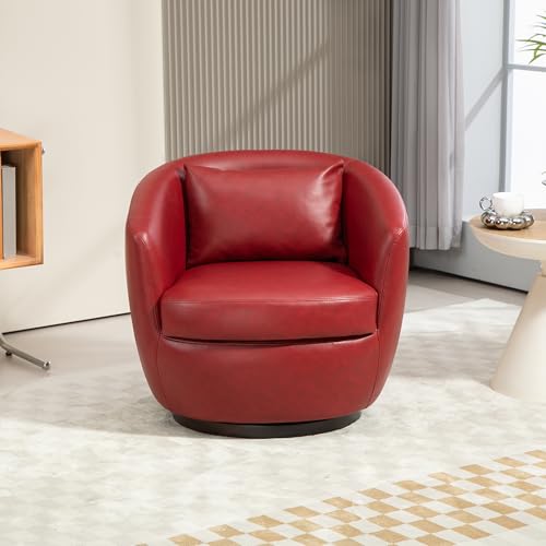 360° Swivel Barrel Chair with Hidden Storage, Modern Upholstered PU Leather Swivel Accent Chair with Pillow