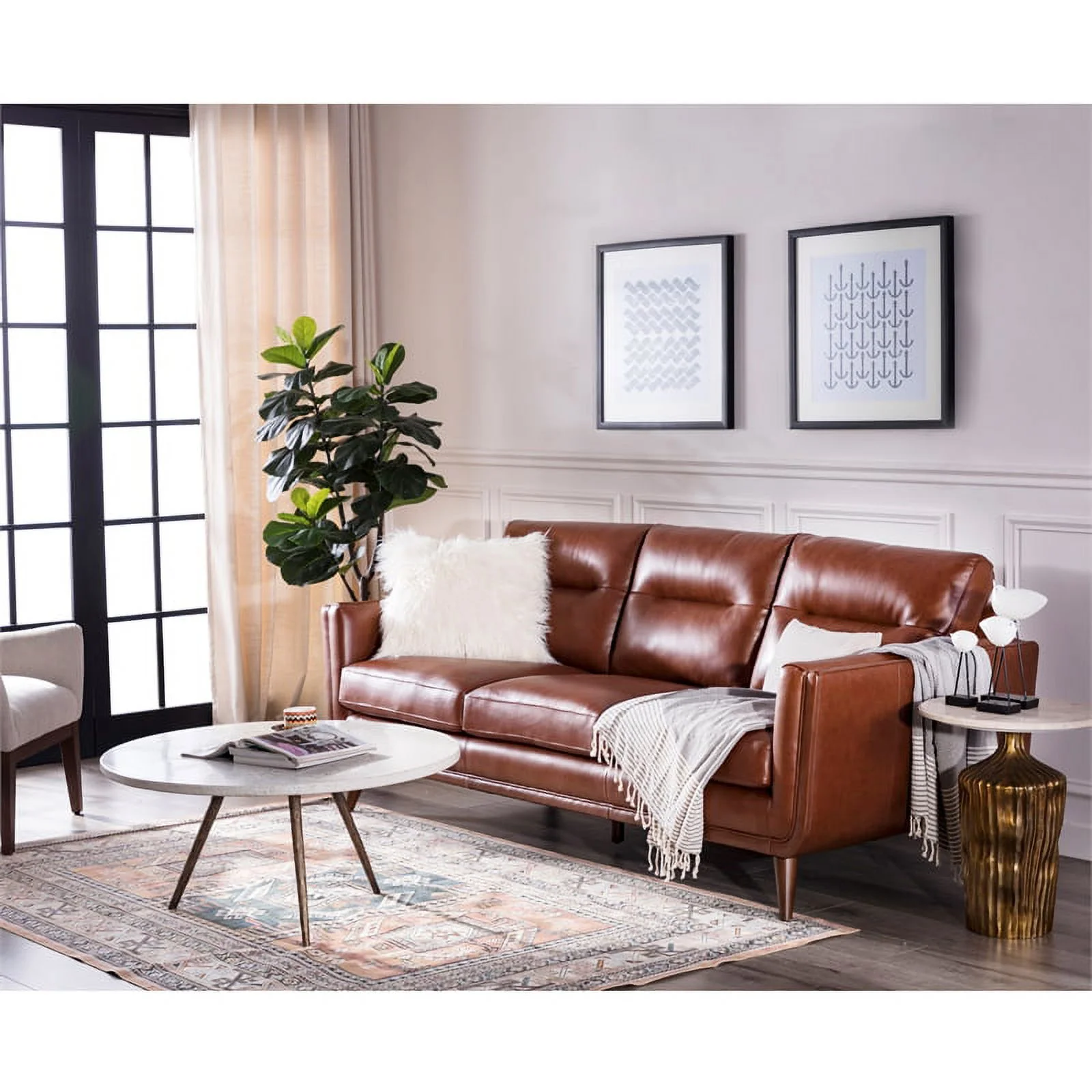 Bowery Hill Mid-Century Leather Sofa in Cobblestone Brown