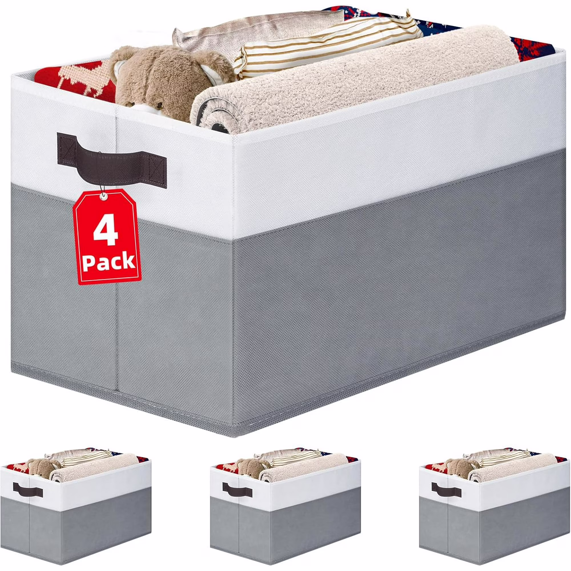 4 Pack Large Storage Baskets for Shelves | Fabric Closet Organizers and Storage Bins with Handles Home Organization | Decorative Collapsible Baskets