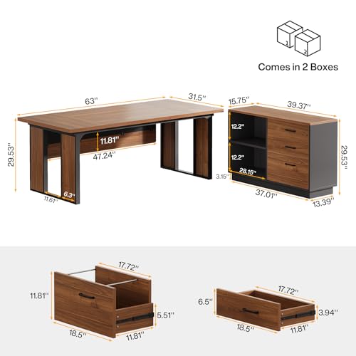 Tribesigns 63‘’ L-Shaped Executive Desk, Office Table with 47-Inch Drawers Cabinet, Large Computer Desk with Storage Shelves