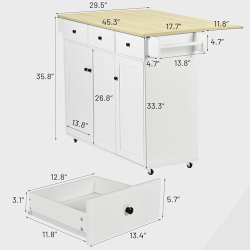 FurnitureR Mobile Kitchen Island Cart with Drop Leaf – Rolling Storage Cabinet, Light Oak Top
