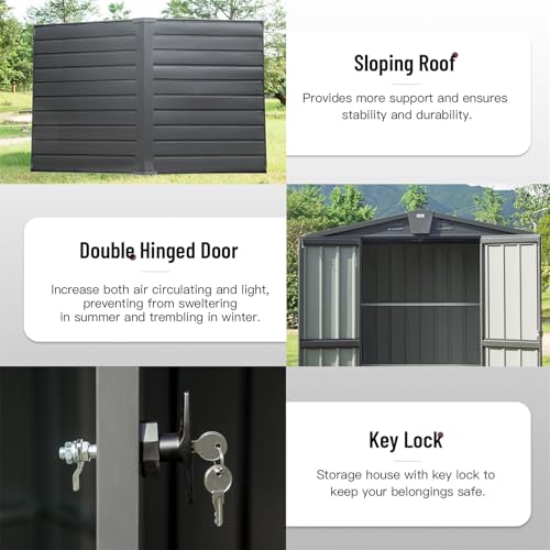 6x4 ft Small Outdoor Metal Storage Shed with Floor Frame & Lockable Door, Heightened Entry Garden Tool Shed for Backyard, Durable Galvanized Steel