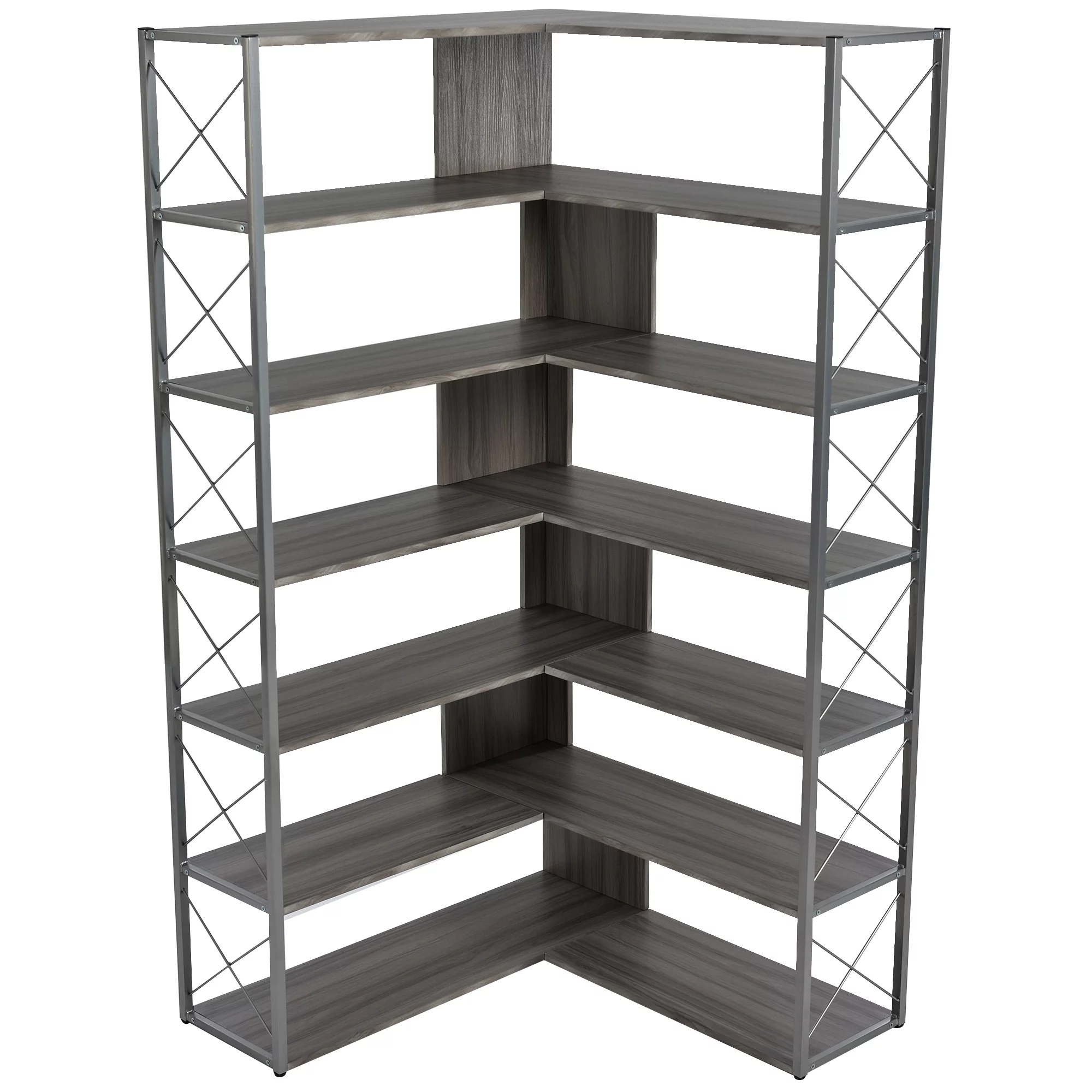 Industrial 7 Tier L-Shaped Corner Bookshelf, Large Home Office Bookcase with Metal Frame, Tall Storage Shelf Display Rack