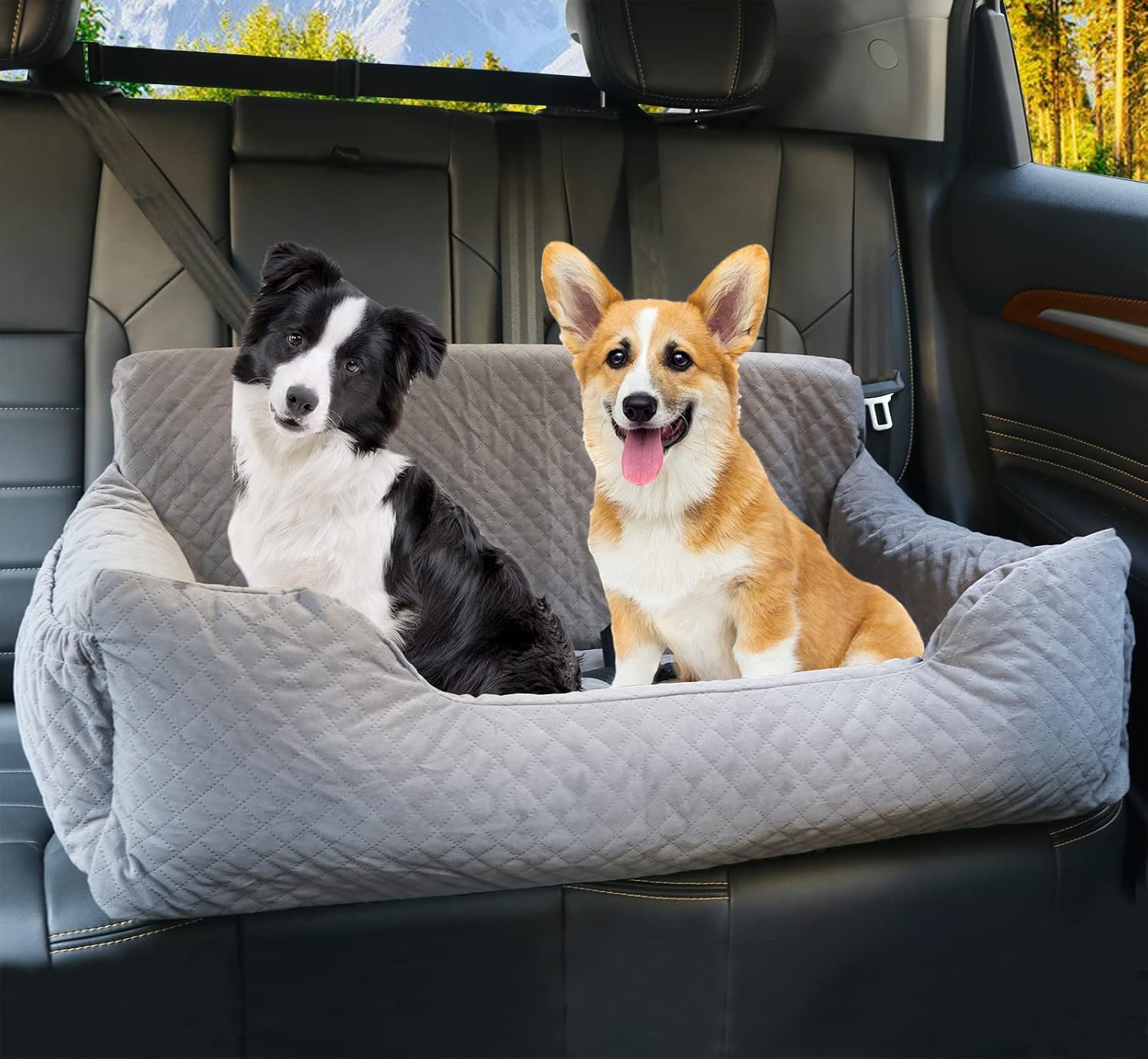 Dog Car Seat for Large Dog Under 60 lbs or 2 Small/Medium Dogs, Pet Booster Back seat Bed for Travel Safety with Storage Pocket