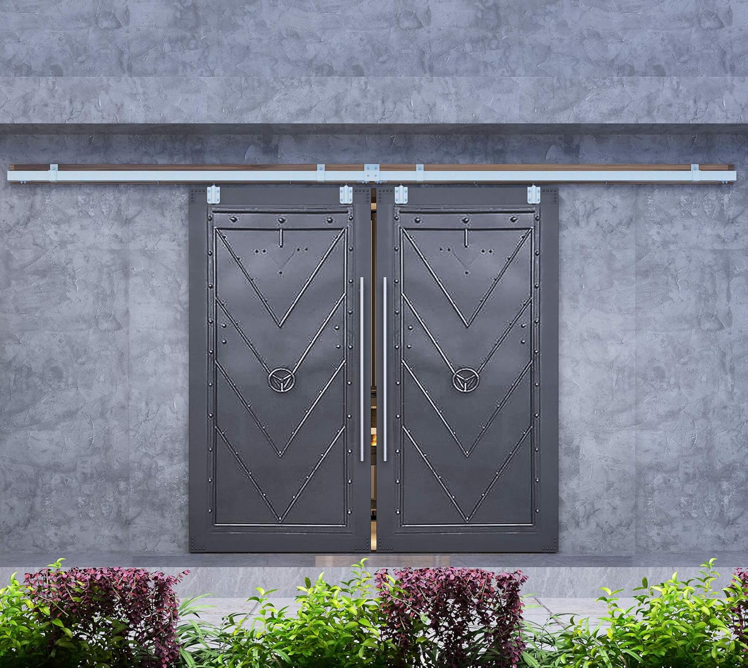 DIYHD 8FT Raw Material Sliver Box Track Double Sliding Barn Door Hardware Wall Mount Kit for Exterior Door