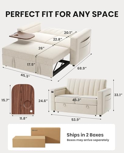 Marsail Sofa Bed, 3-in-1 Convertible Sleeper Sofa, Futon Couch with USB Charging, Side Pockets & Adjustable Backrest, Pull Out Couch for Living Room