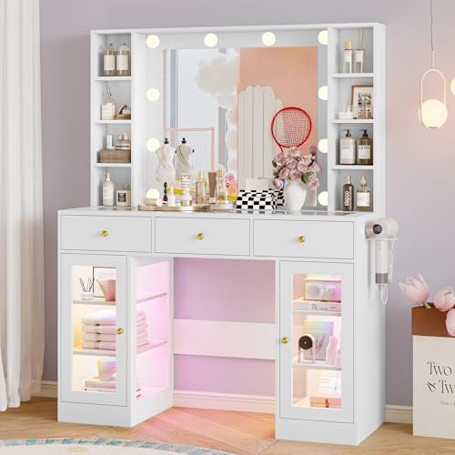 Makeup Vanity Desk with Mirror and Lights, White Vanity with Glass Top, LED Lights & Power Outlet, 3 Drawers & 2 RGB Glass Cabinets