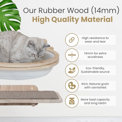 Cat Wall Shelves & Furniture Set (9 Pieces)-Durable Rubber Wood & Non-Slip Carpet, Includes Washable Hammock, Shelf, Climbing Scratcher, Ladder
