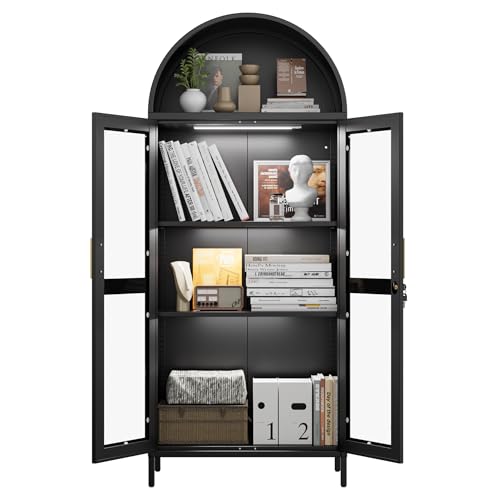 Tall Kitchen Pantry Cabinet, Metal Display Storage Cabinets with 4 Doors/2 Drawers for Kitchen Home Office Living Room, Assembly Required