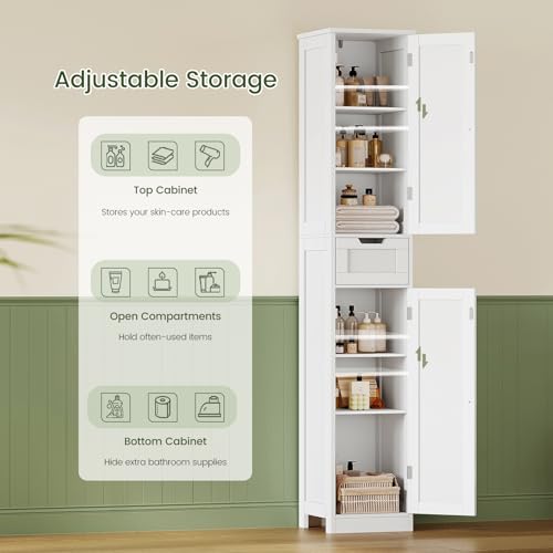 Iwell 67" Tall Bathroom Cabinet, Storage Cabinet with 2 Doors & 1 Drawer, Bathroom Storage Cabinets with Adjustable Shelves, for Living Room