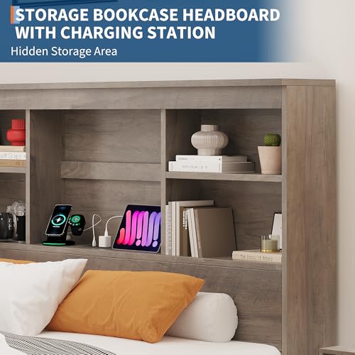 GarveeHome Full Size Bed Frame with High Storage Bookcase Headboard, Wood Bed Frame with 4 Storage Drawers, Built in Charging Station